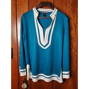Nina Leonard Teal & White Acrylic Long Sleeve Tunic Top XS